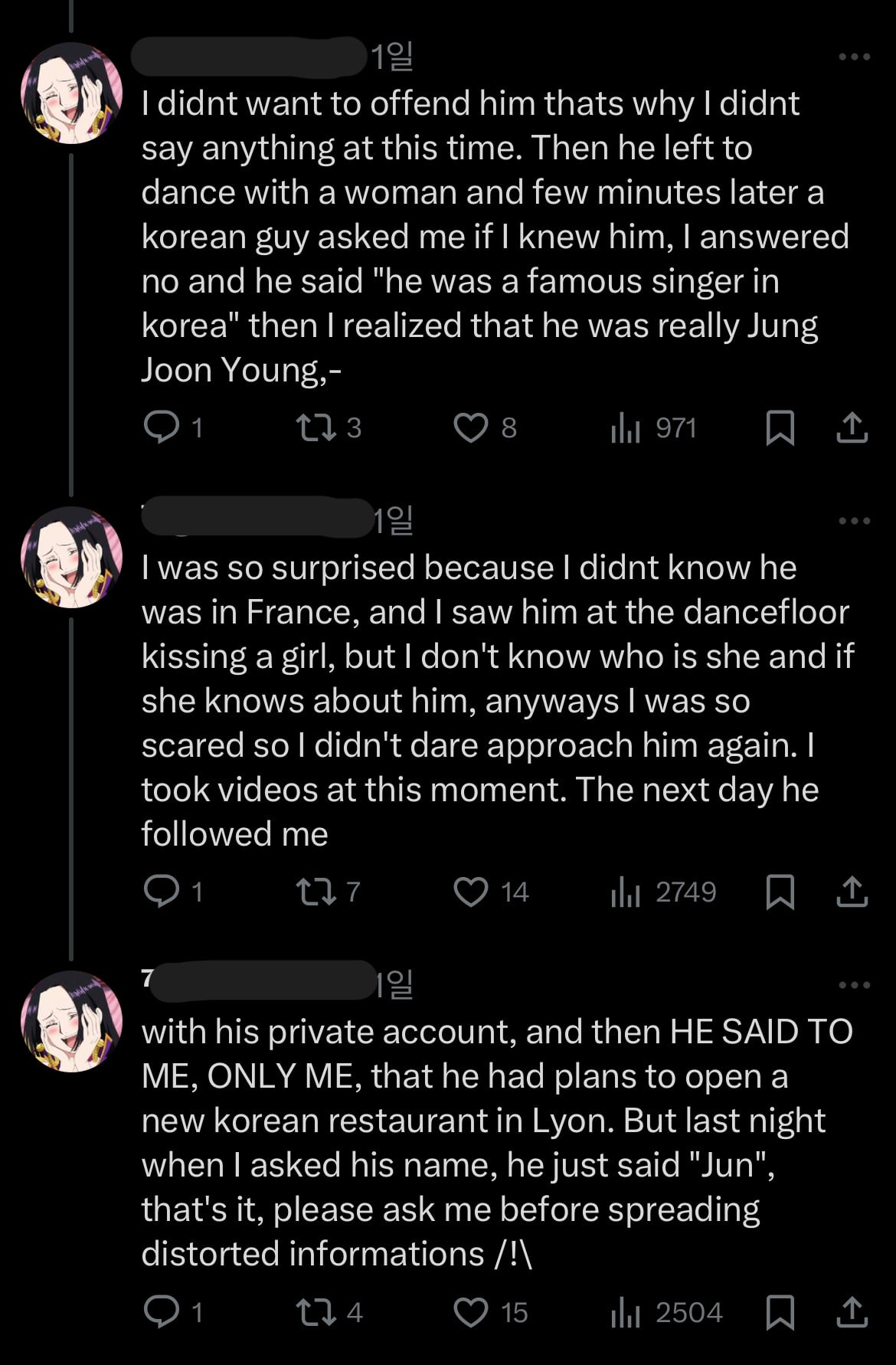 French netizen's X post about her encounter with Jung Joon-young at a nightclub in Lyon, France. Image: French netizen's X account via The Korea Herald