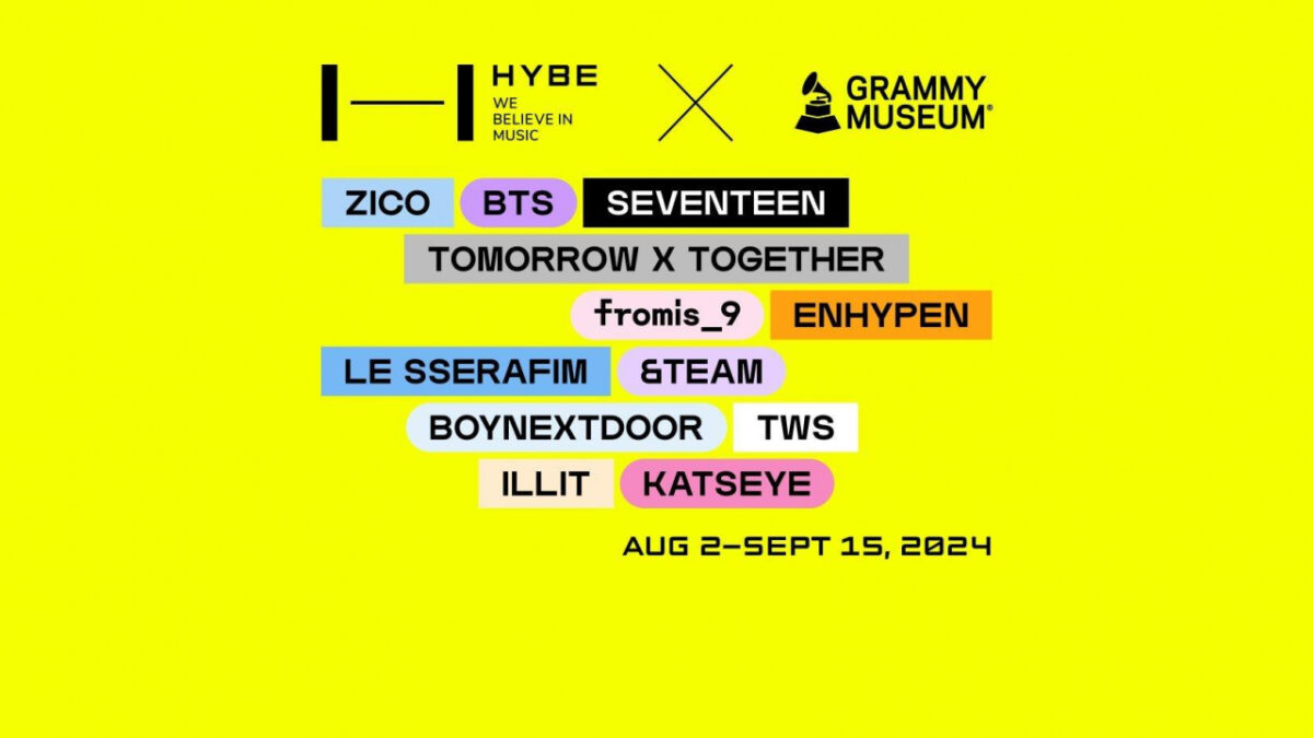Promotional poster for HYBE's exhibition in Los Angeles hosted by Grammy Museum. Image: Grammy Museum