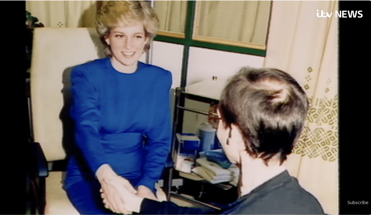 Princess Diana with an HIV patient. Screengrab from ITV News video. Courtesy ITV News