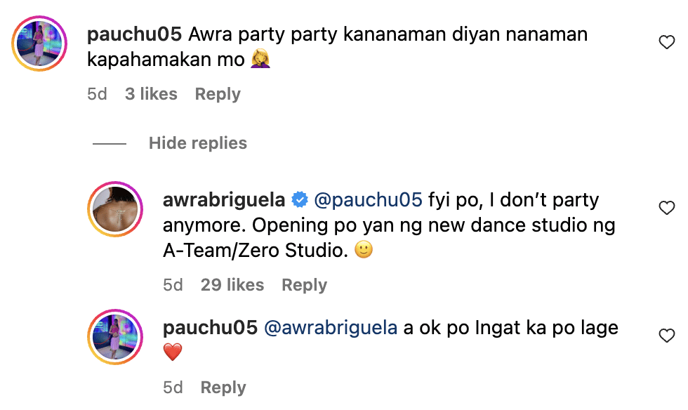 Awra Briguela reveals she doesn’t go out to party anymore. Image: Instagram/@awrabriguela