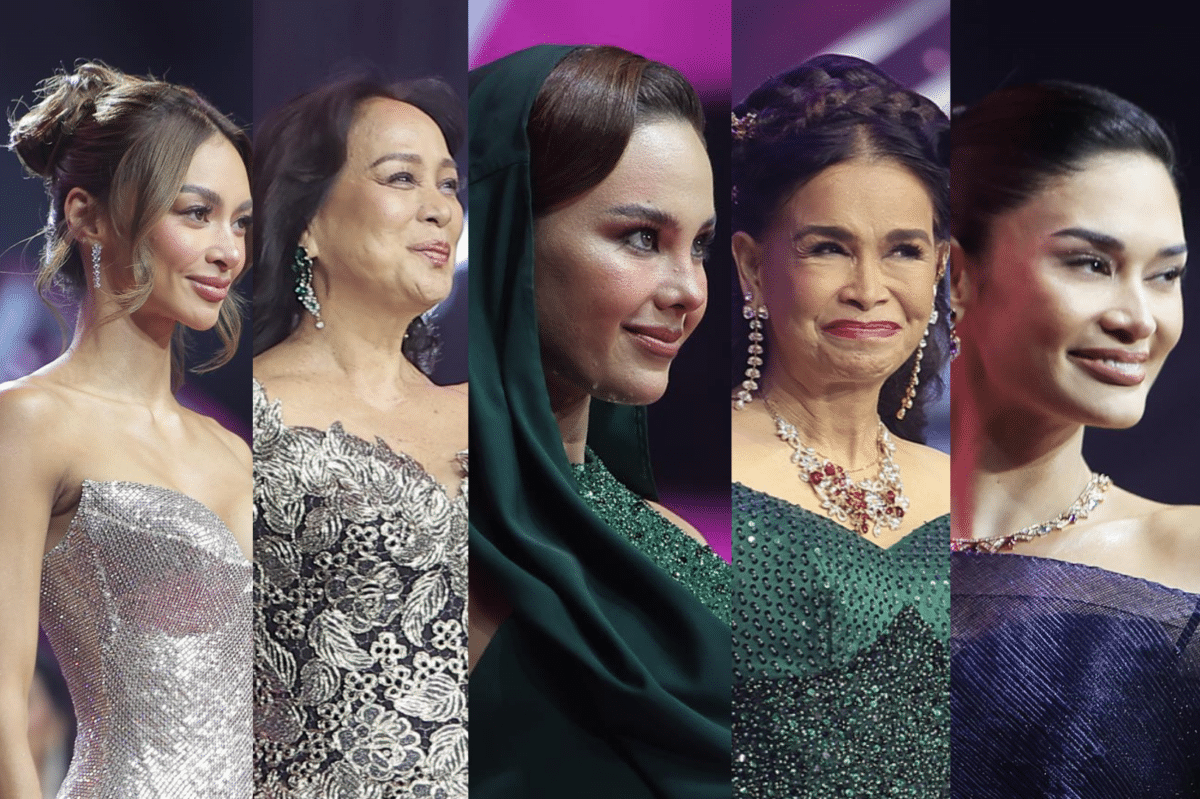 (From left) Kylie Verzosa, Gloria Diaz, Catriona Gray, Melanie Marquez, and Pia Wurtzbach. Images: Facebook/Binibining Pilipinas