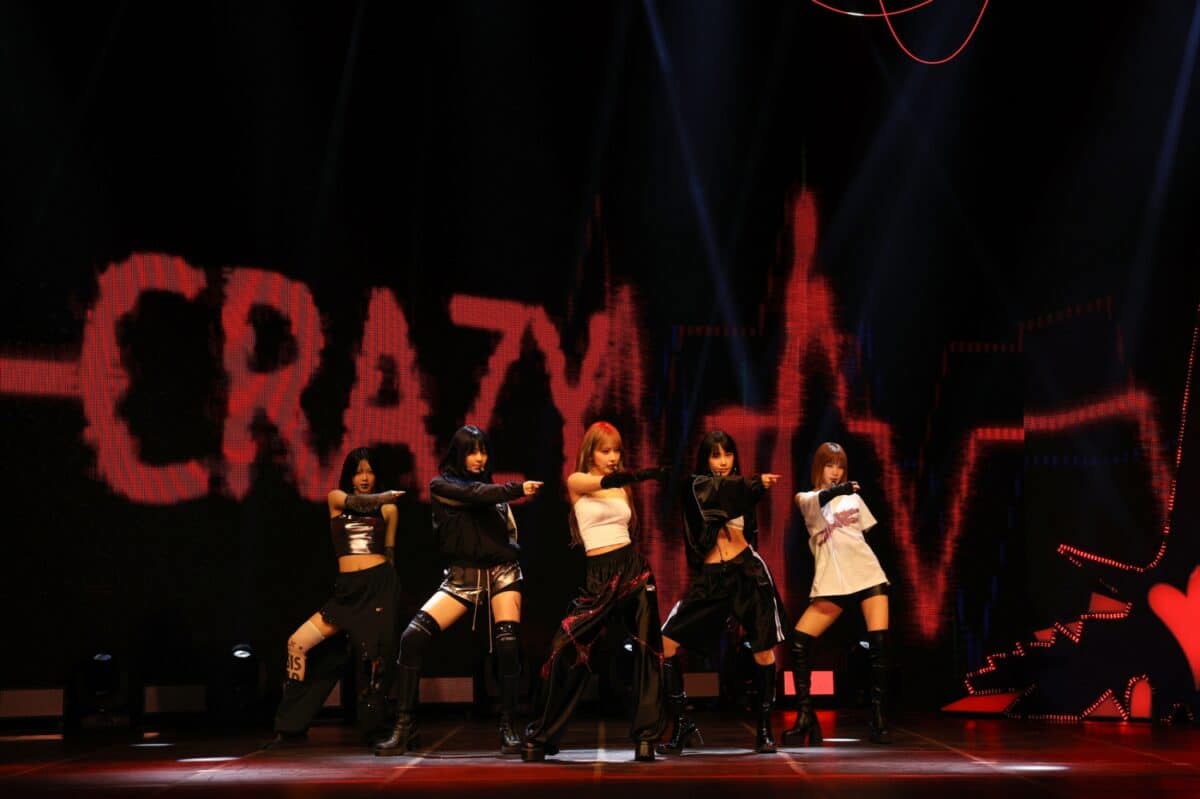 LE SSERAFIM during their "Crazy" media showcase. Image: Source Music