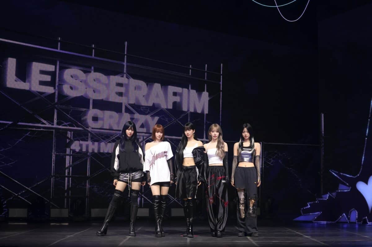 LE SSERAFIM during their "Crazy" media showcase. Image: Source Music