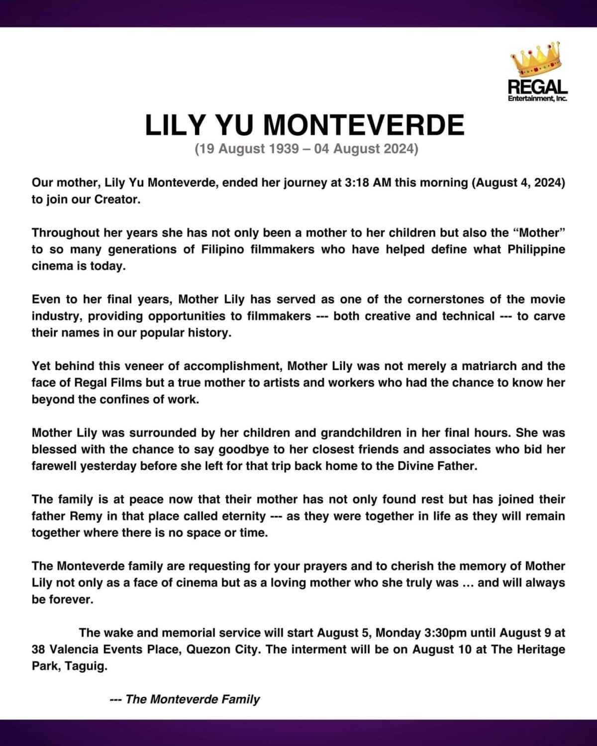 Regal Entertainment issued a statement on the death of Mother Lily Monteverde. Image: Facebook/Regal Entertainment
