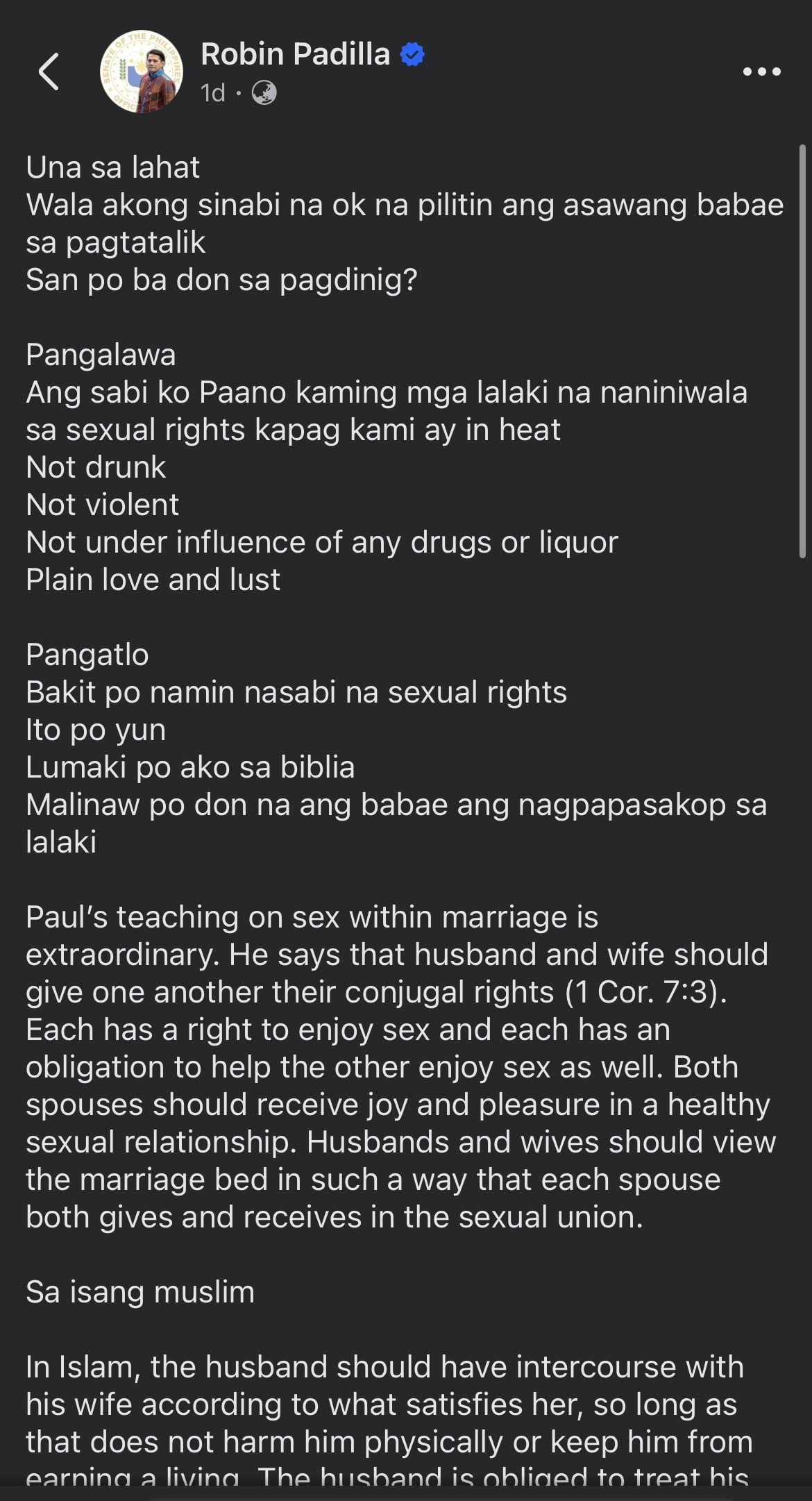 Image: Screengrab from Facebook/Robin Padilla