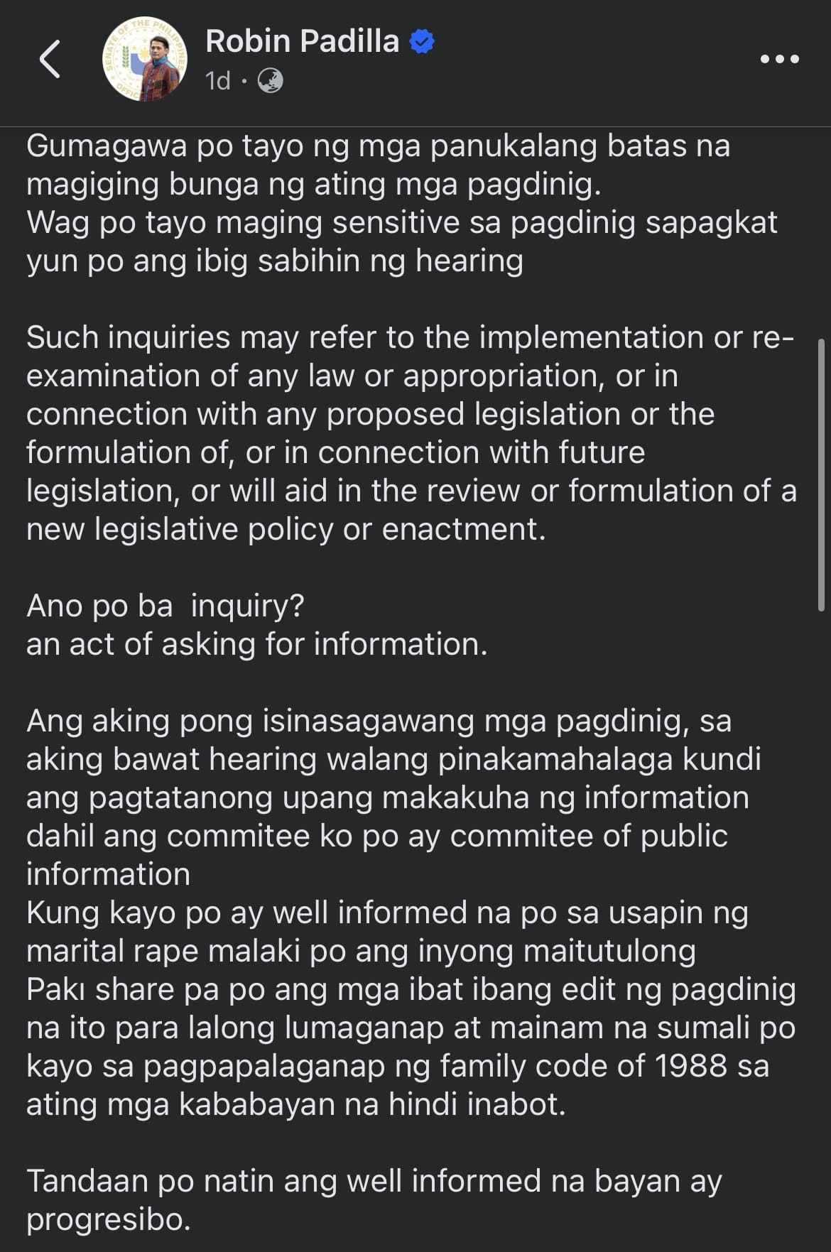 Image: Screengrab from Facebook/Robin Padilla