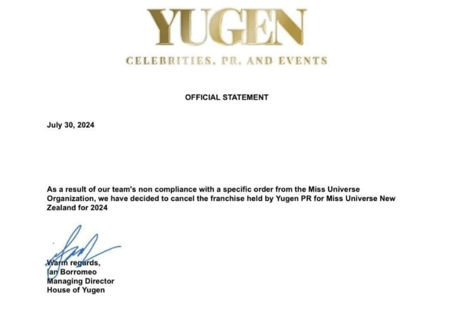 Yugen PR statement on Miss Universe New Zealand/YUGEN GROUP