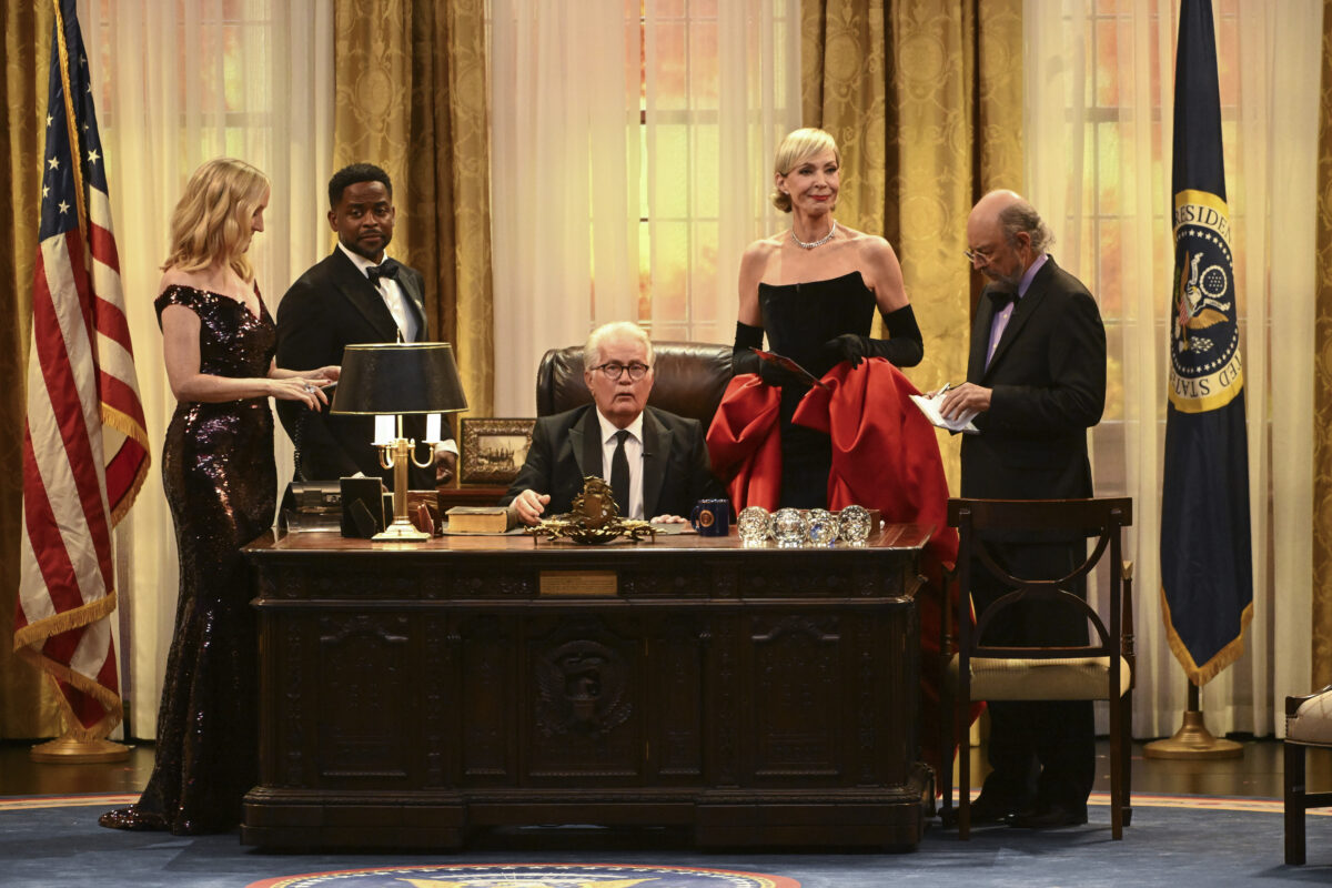 Janel Moloney, from left, Dulé Hill, Martin Sheen, Allison Janney, and Richard Schiff appear onstage at the 76th Emmy Awards on Sunday, Sept. 15, 2024 at the Peacock Theater in Los Angeles. Image: Phil McCarten/Invision for the Television Academy/AP Content Services