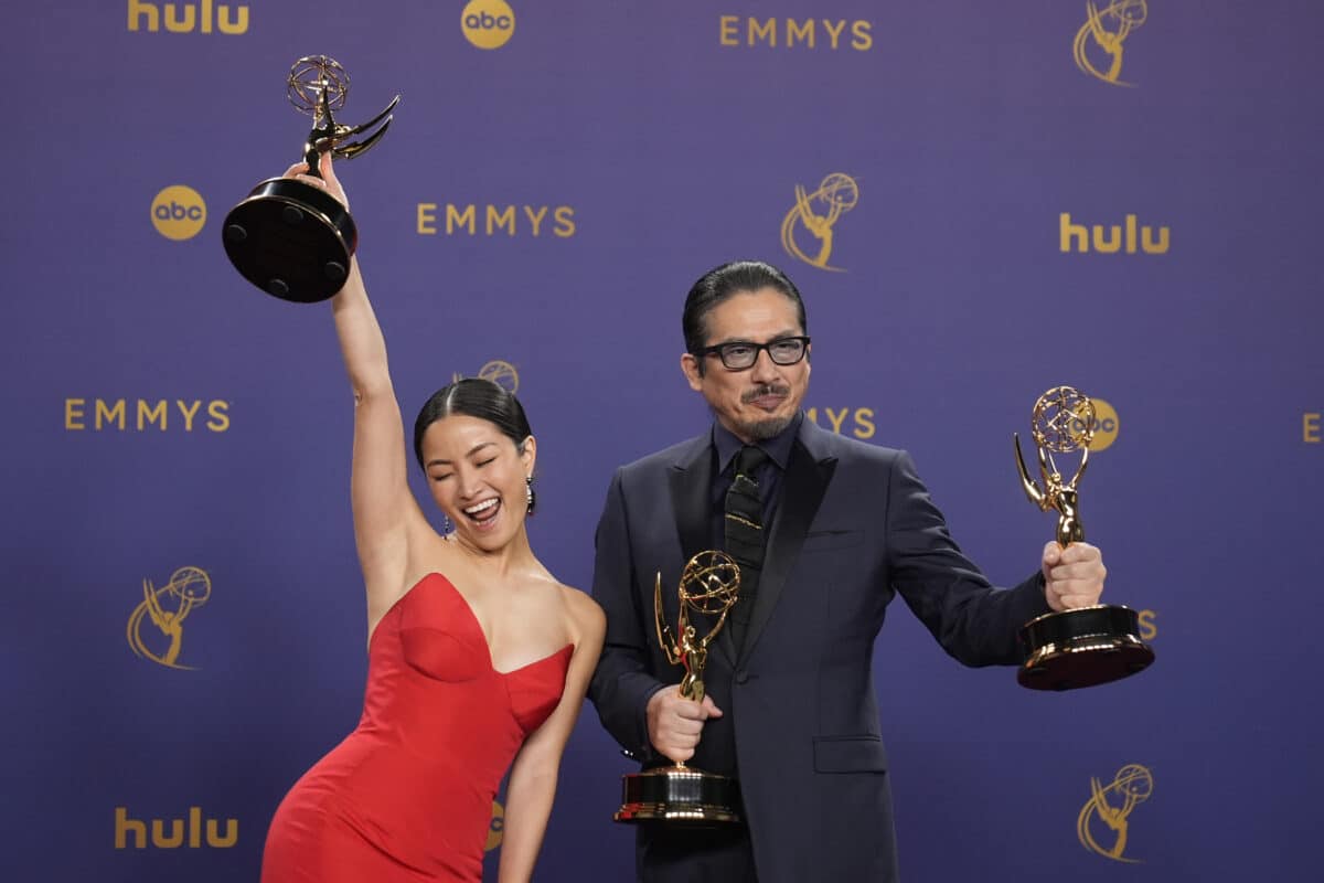 Anna Sawai (left) winner of the award for outstanding lead actress in a drama series for "Shogun," and Hiroyuki Sanada, winner of the awards for outstanding lead actor in a drama series, and outstanding drama series for "Shogun" pose in the press room during the 76th Primetime Emmy Awards on Sunday, Sept. 15, 2024, at the Peacock Theater in Los Angeles. Image: AP Photo/Jae C. Hong