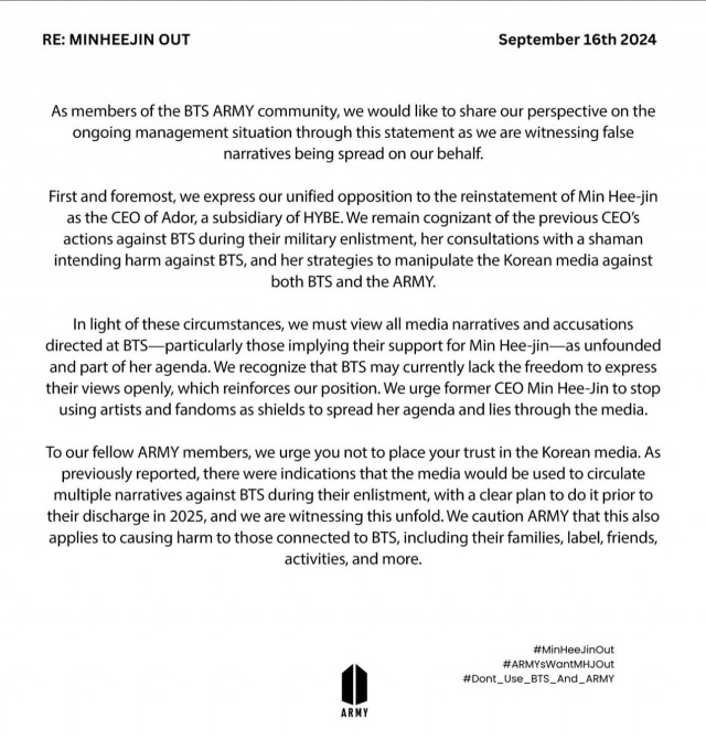 Statement released by a group identifying itself as part of the BTS Army community on X, Monday, Sept. 16, expressing its unified stance against Min’s return as the CEO of ADOR. Image: BTS ARMY Community's X via The Korea Herald