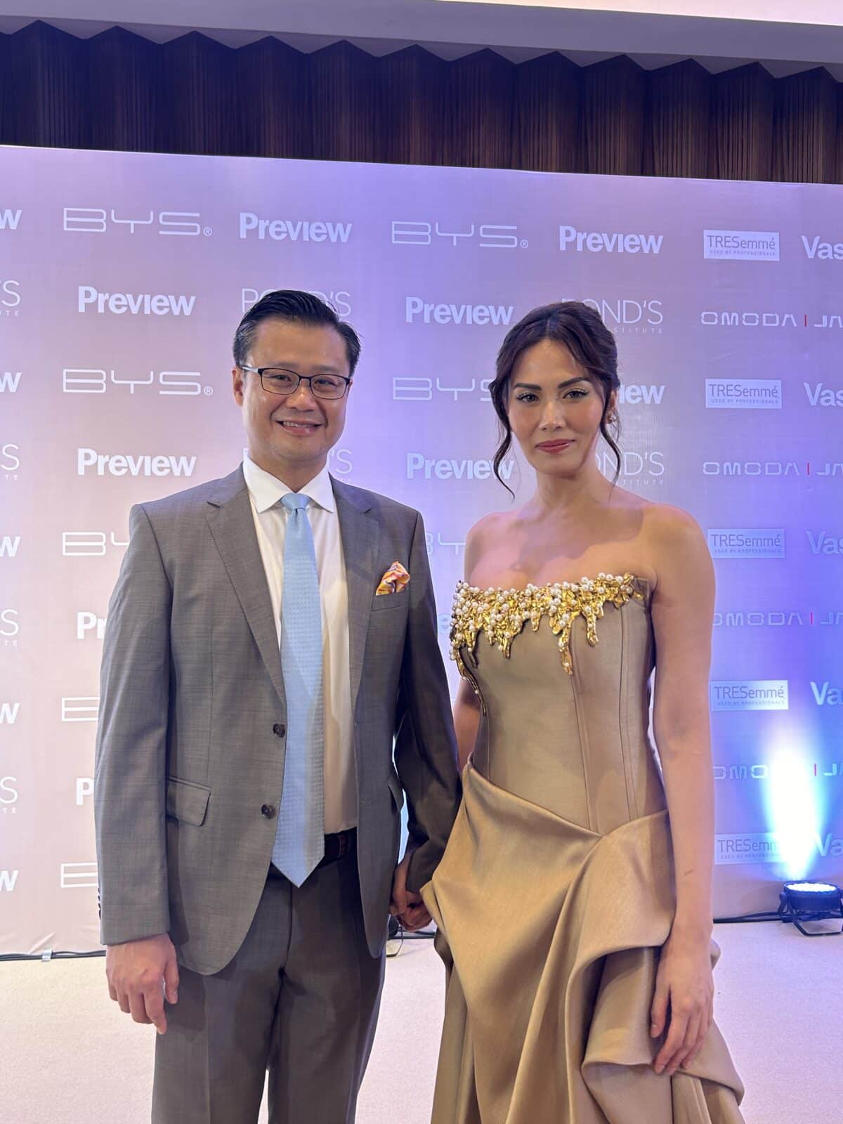 Sen. Win Gatchalian and Bianca Manalo on the Preview Ball 2024 nude carpet. Image: Hannah Mallorca/INQUIRER.net