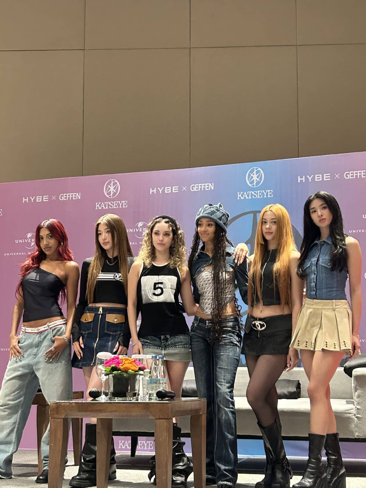 KATSEYE members (from left) Lara, Yoonchae, Daniela, Manon, Megan, and Sophia during their press conference in Manila. Image: Hannah Mallorca/INQUIRER.net