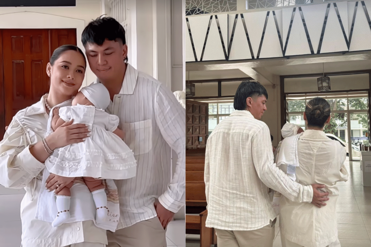 Maja Salvador, husband Rambo Nuñez’s daughter Maria baptized. Images: Instagram/@cocoonstudioph, @mainedcm