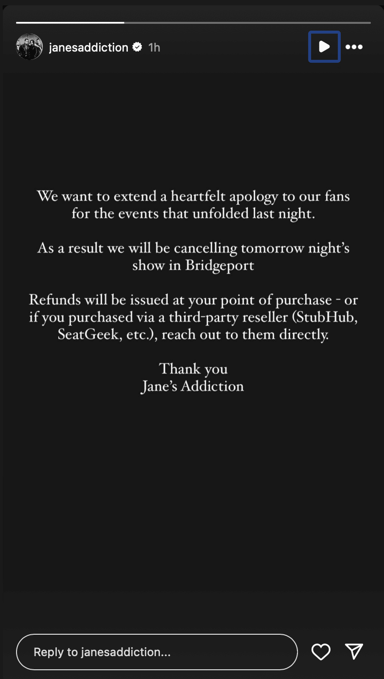 Jane Addiction's statement on their Instagram Story.