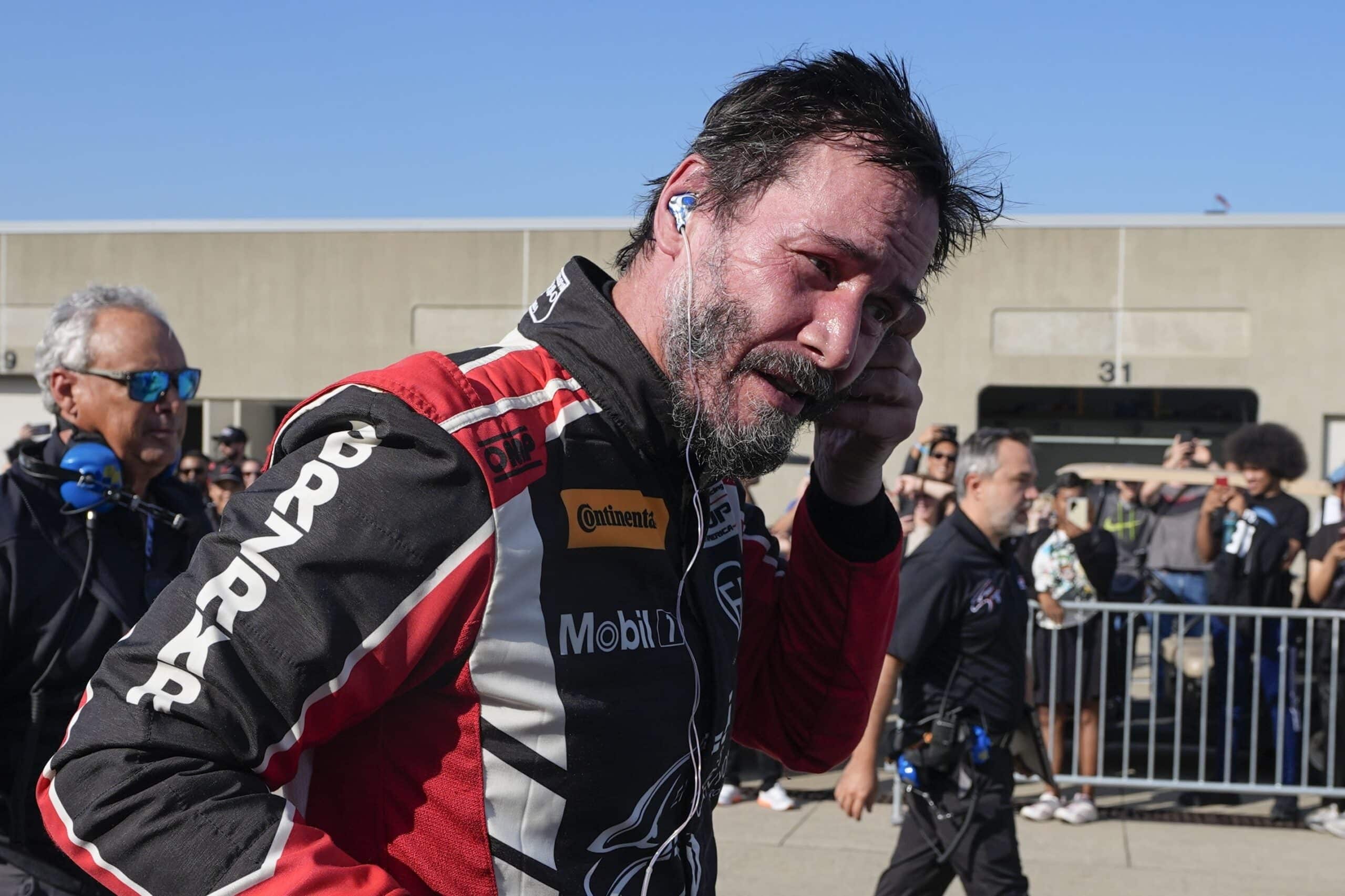 Keanu Reeves drives during the GR Cup Series auto race at Indianapolis Motor Speedway, Saturday, Oct. 5, 2024, in Indianapolis. 