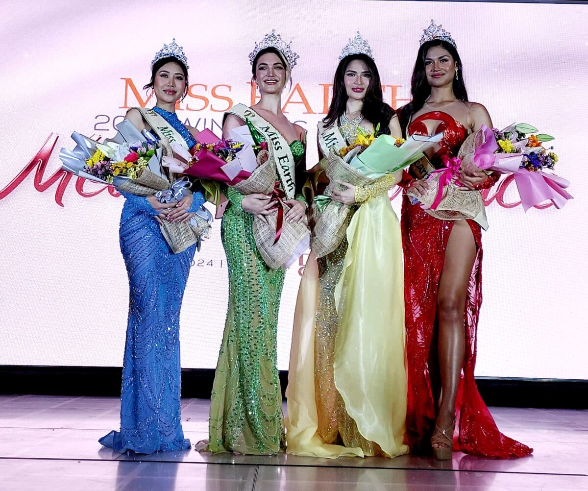 Miss Earth Drita Ziri (second from left) with (from left) Miss Earth-Water Do Thi Lan Ahn, Miss Earth-Air Yllana Marie Aduana, and Miss Earth-Fire Cora Bliault