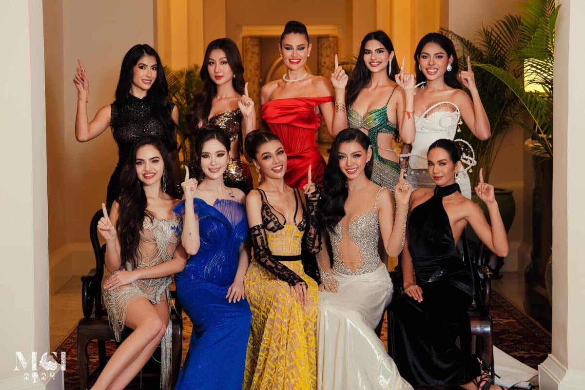 The Philippines' CJ Opiaza (seated, right) with the rest of the Top 10 delegates who earned seats at the 'pre-arrival' dinner/MISS GRAND INTERNATIONAL FACEBOOK PHOTO