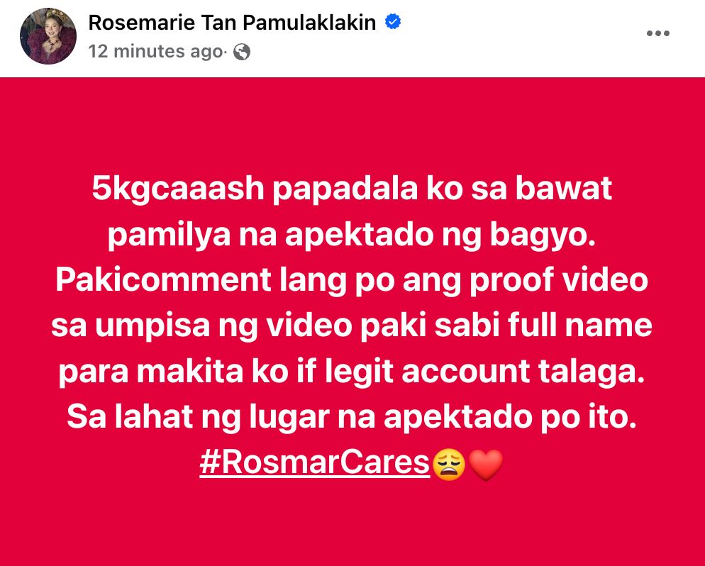 A screenshot of Rosmar Tan's Facebook post.