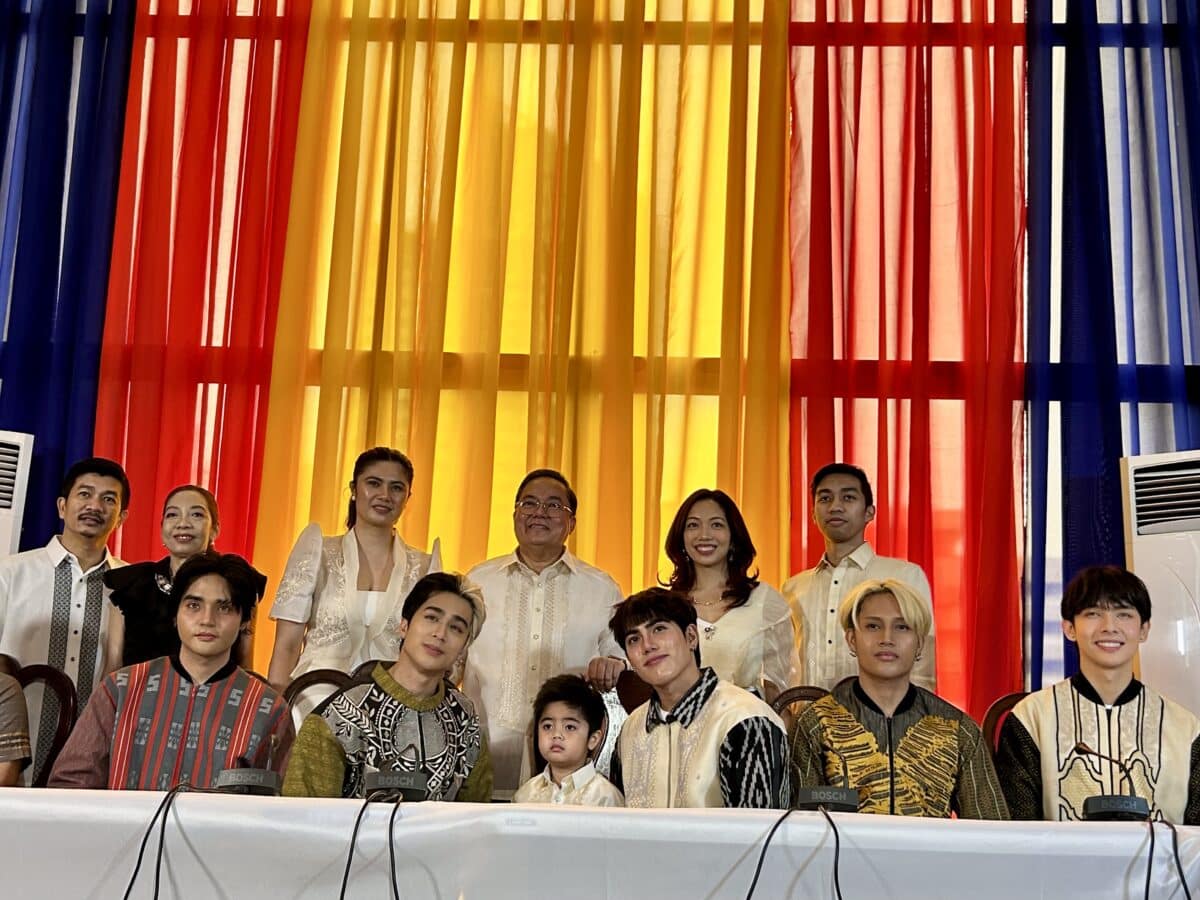 SB19 with Asian Institute of Journalism and Communication chairman Mel Velarde (upper center) during a 1734 Murillo Velarde map turnover ceremony in Manila. Image: Hannah Mallorca/INQUIRER.net