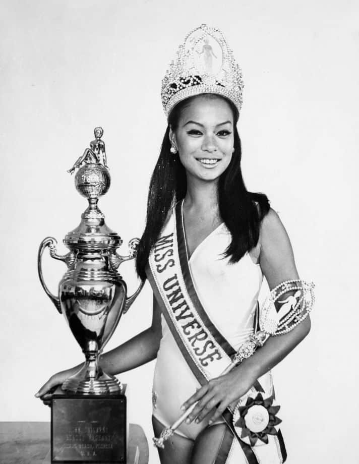 Miss Universe 1969 Gloria Diaz of the Philippines with her Sarah Coventry crown. Image: Facebook/Miss Universe