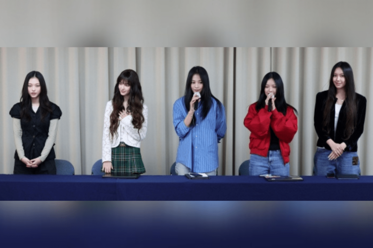 NewJeans spreaks during a press conference held in Seoul to announce their contract termination with ADOR. Image: Newsis via TheKoreaHerald