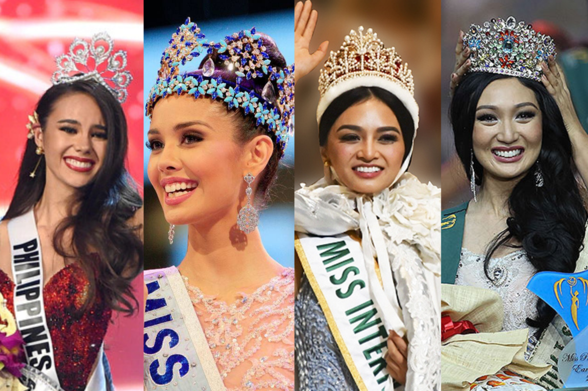 (From left) Miss Universe 2018 Catriona Gray, Miss World 2013 Megan Young, Miss International 2016 Kylie Verzosa, and Miss Earth 2017 Karen Ibasco. Images from Miss Universe, Miss World, Miss International, and Miss Earth's social media pages