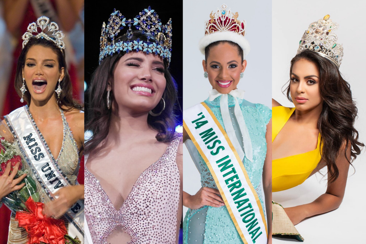 (From left) Miss Universe 2006 Zuleyka Rivera, Miss World 2016 Stephanie Del Valle, Miss International 2014 Valerie Hernandez, and Miss Earth 2019 Nellys Pimentel. Images from Miss Universe, Miss World, Miss International, and Miss Earth's social media pages