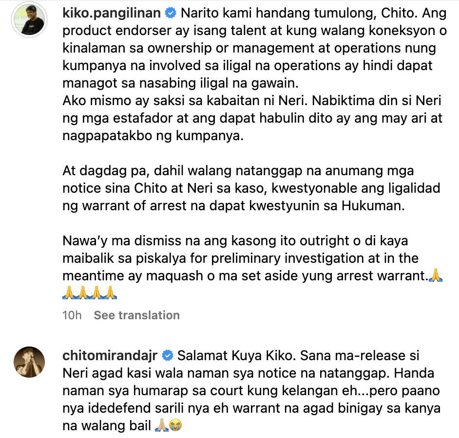 Kiko Pangilinan offers help to Chito Miranda, Neri Naig amid her arrest