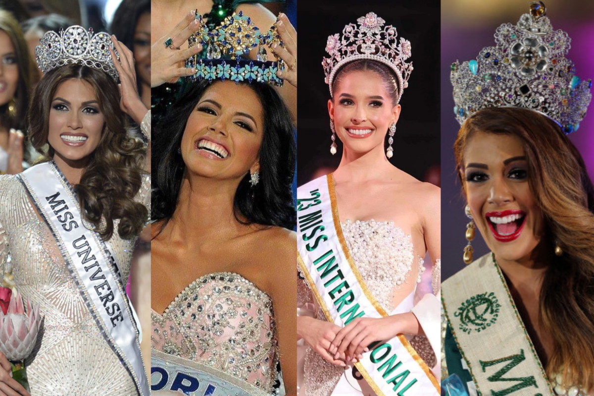 (From left) Miss Universe 2013 Gabriela Isler, Miss Earth 2005 Alexandra Braun, Miss International 2023 Andrea Rubio, and Miss Earth 2013 Alyz Henrich. Images from Miss Universe, Miss World, Miss International, and Miss Earth's social media pages