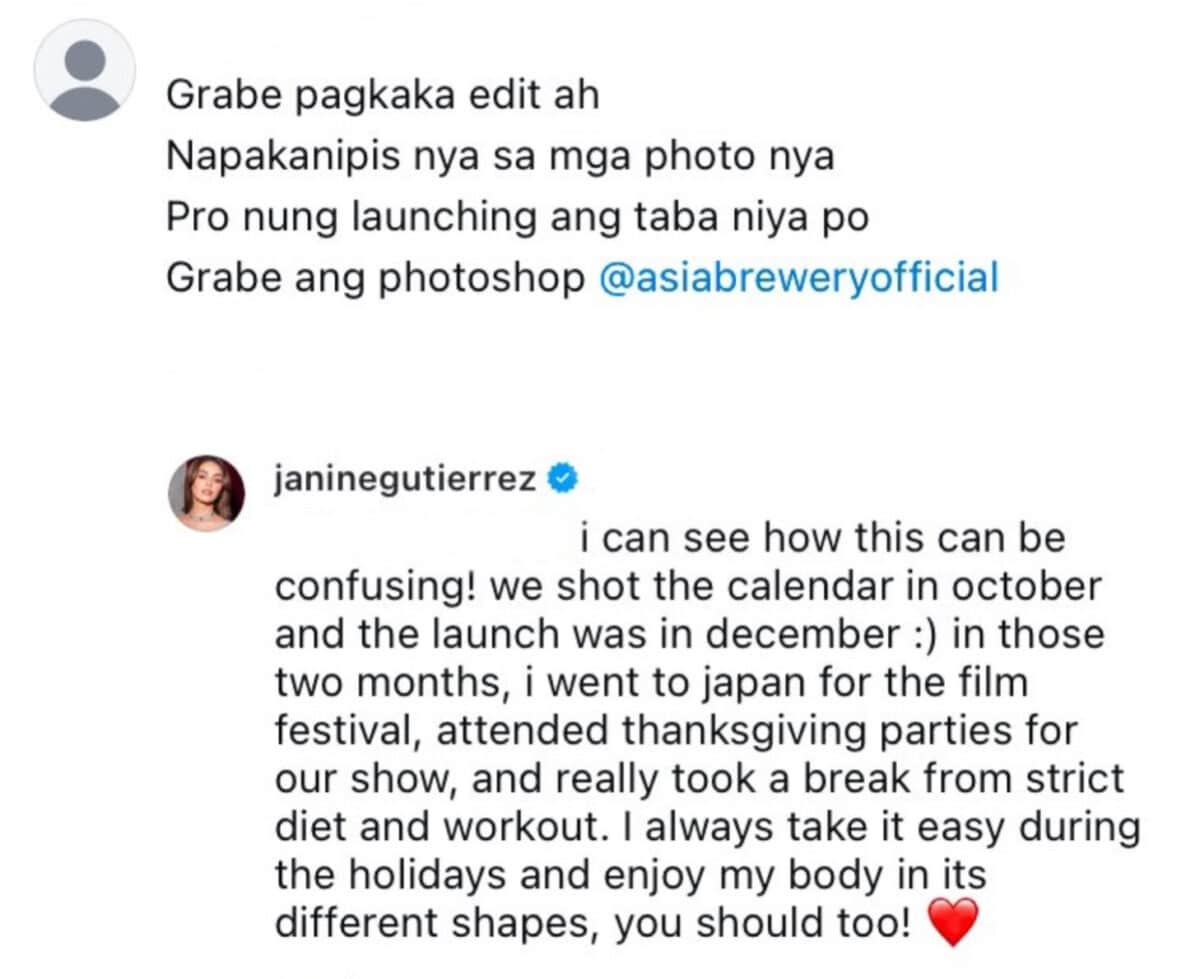 Janine Gutierrez claps back after 'edited' remark on calendar girl shoot