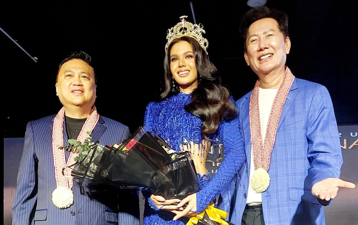 Miss Grand International 2024 first runner-up CJ Opiaza (center) with the pageant's founder Nawat Itsaragrisil (right) and her national director Arnold Vegafria