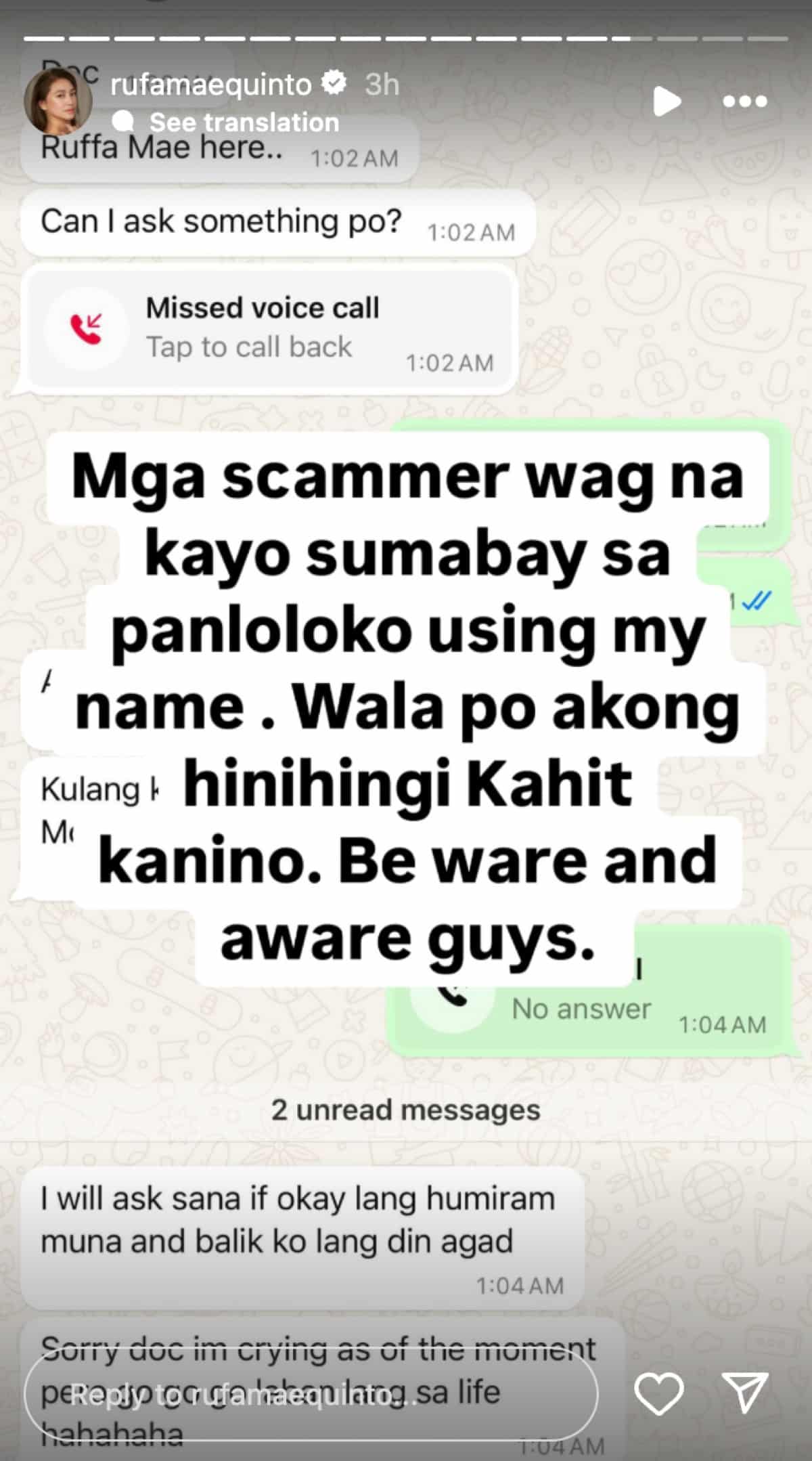 Nagbabala si Rufa Mae Quinto sa mga scammers na gumagamit ng kanyang pangalan para humingi ng pera 'para sa piyansa'