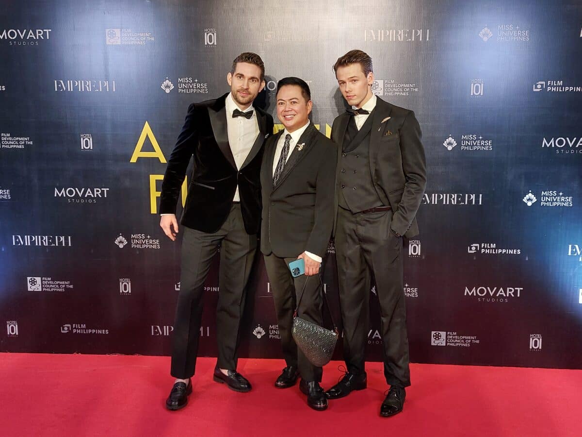 Miss Universe Philippines EVP Voltaire Tayag (center) with Erik Sopracasa (left) and Tom Sys of Movart Studios. Image: Armin P. Adina/INQUIRER.net