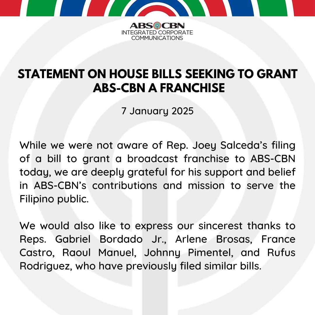 ABS-CBN released a statement on Tuesday, January 7, after Albay Rep. Joey Salceda filed a bill calling for the renewal of its franchise. Image: Courtesy of ABS-CBN Corporate Communications