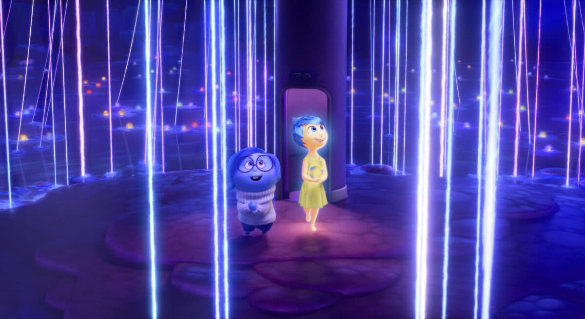 This image released by The Walt Disney Studios shows the characters Sadness, voiced by Phyllis Smith (left) and Joy voiced by Amy Poehler, in a scene from "Inside Out 2." Image: The Walt Disney Studios via AP