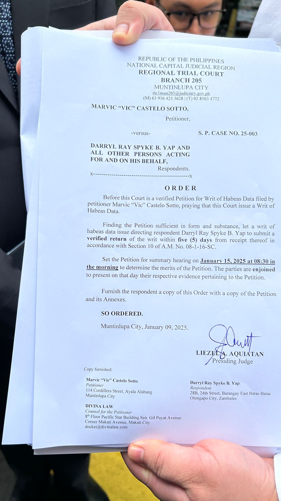 Muntinlupa RTC grants Vic Sotto's habeas data petition, orders Darryl Yap to answer