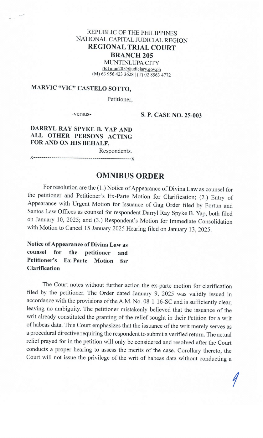 Inilabas ng korte ng Muntinlupa ang gag order kina Vic Sotto, Darryl Yap