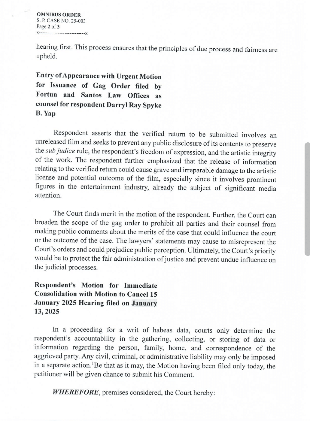 Isang kopya ng kautusan ng Muntinlupa RTC. KONTRIBUTED PHOTO