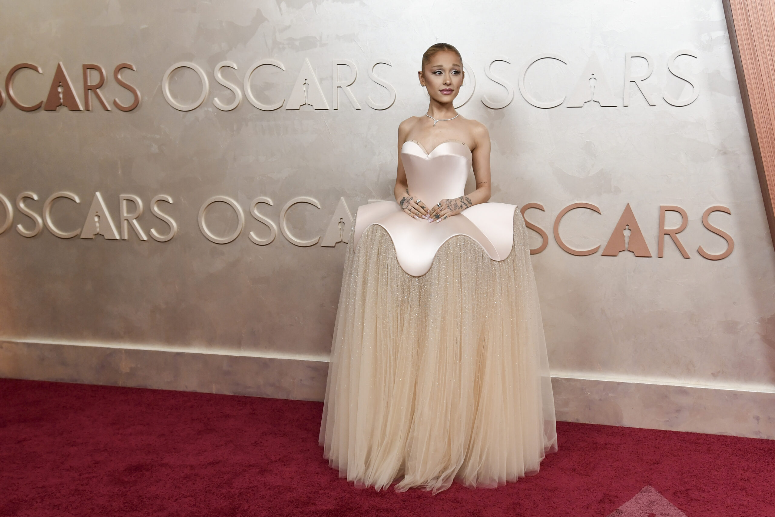 Ariana Grande arrives at the Oscars on Sunday, March 2, 2025, at the Dolby Theatre in Los Angeles. Image: Richard Shotwell/Invision/AP