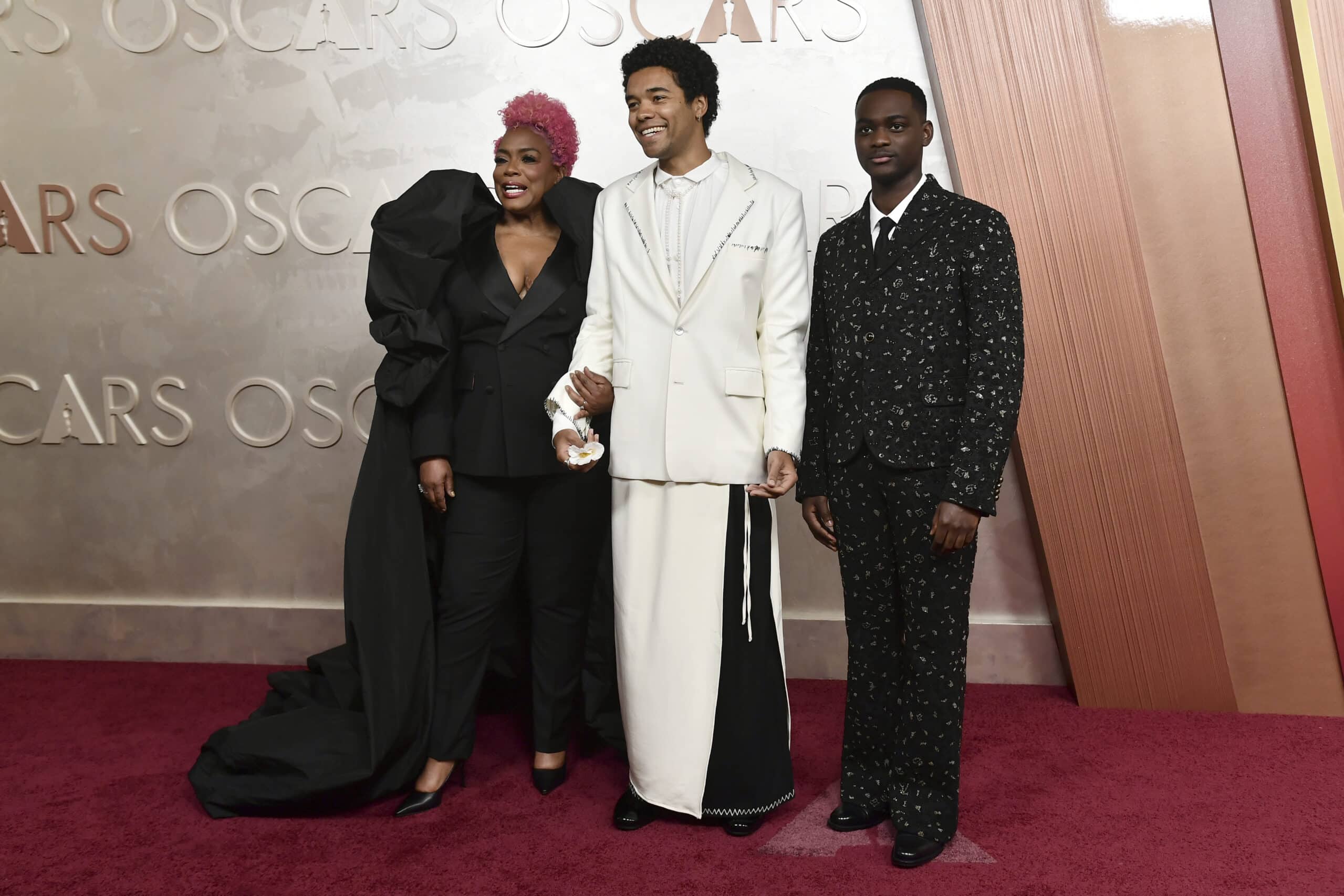 Aunjanue Ellis-Taylor (left) Brandon Wilson, and Ethan Herisse arrive at the Oscars on Sunday, March 2, 2025, at the Dolby Theatre in Los Angeles. Image: Richard Shotwell/Invision/AP