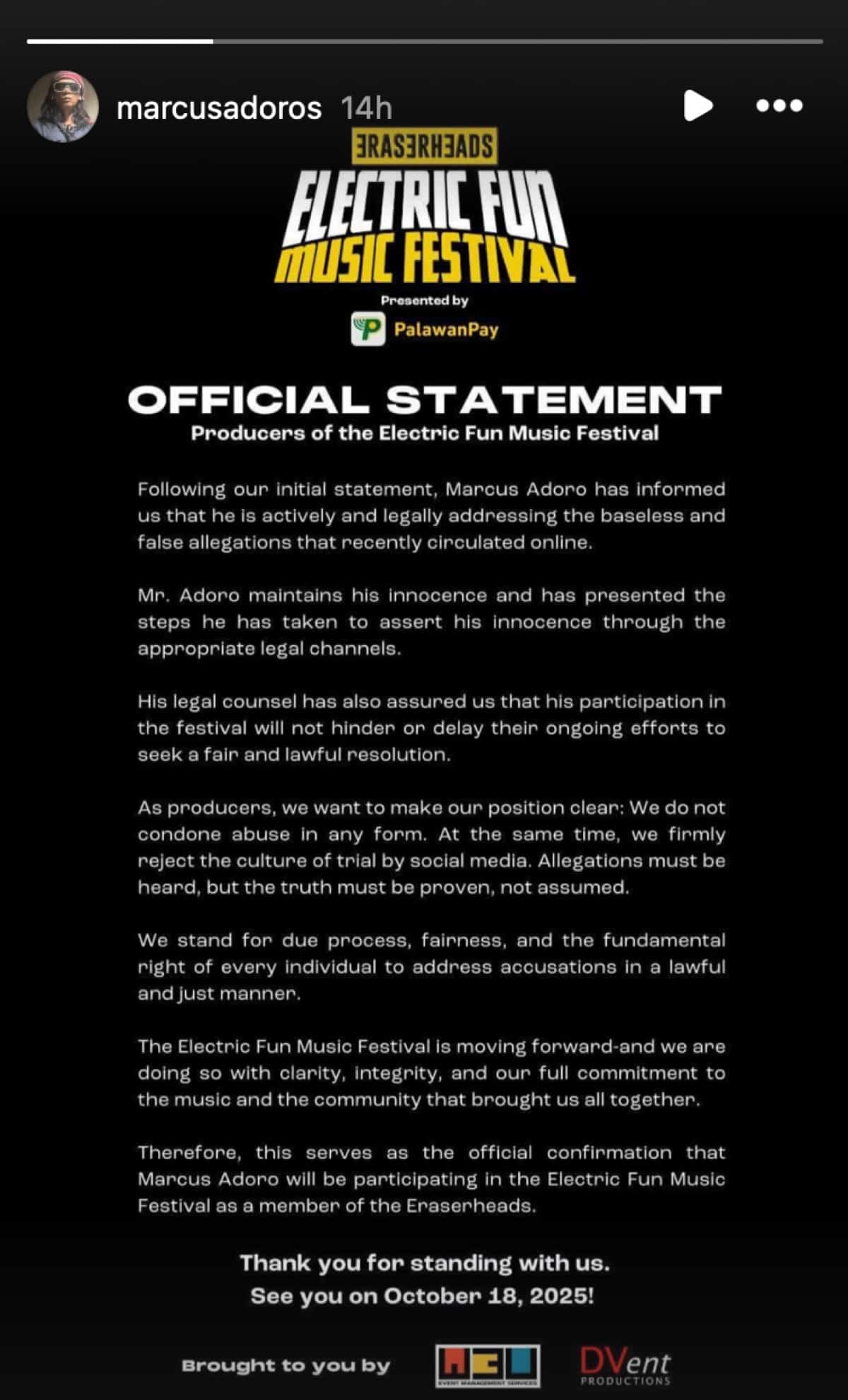 Marcus Adoro To perform with Eraserheads, claims innocence in the midst of abuse claims