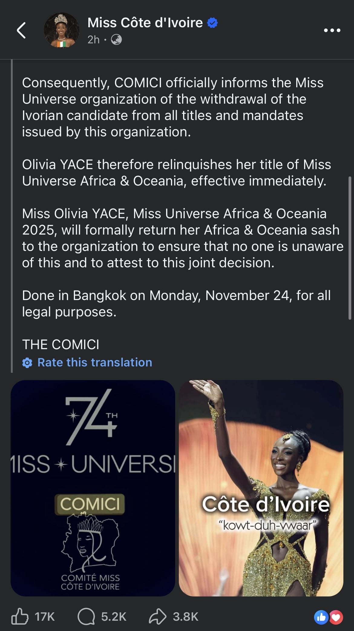 Cote d’Ivoire rescinds Miss Universe Africa and Oceania title