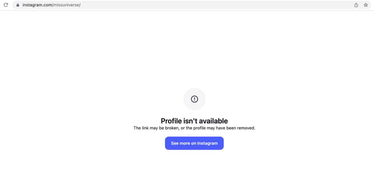 Miss Universe’s page 'not found' on Instagram