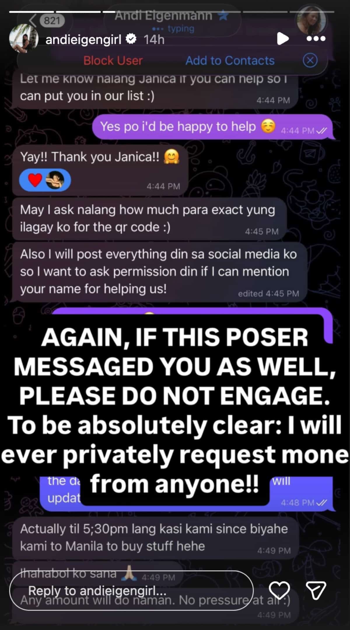 Andi Eigenmann warns vs scammer using her name for fake donation drive