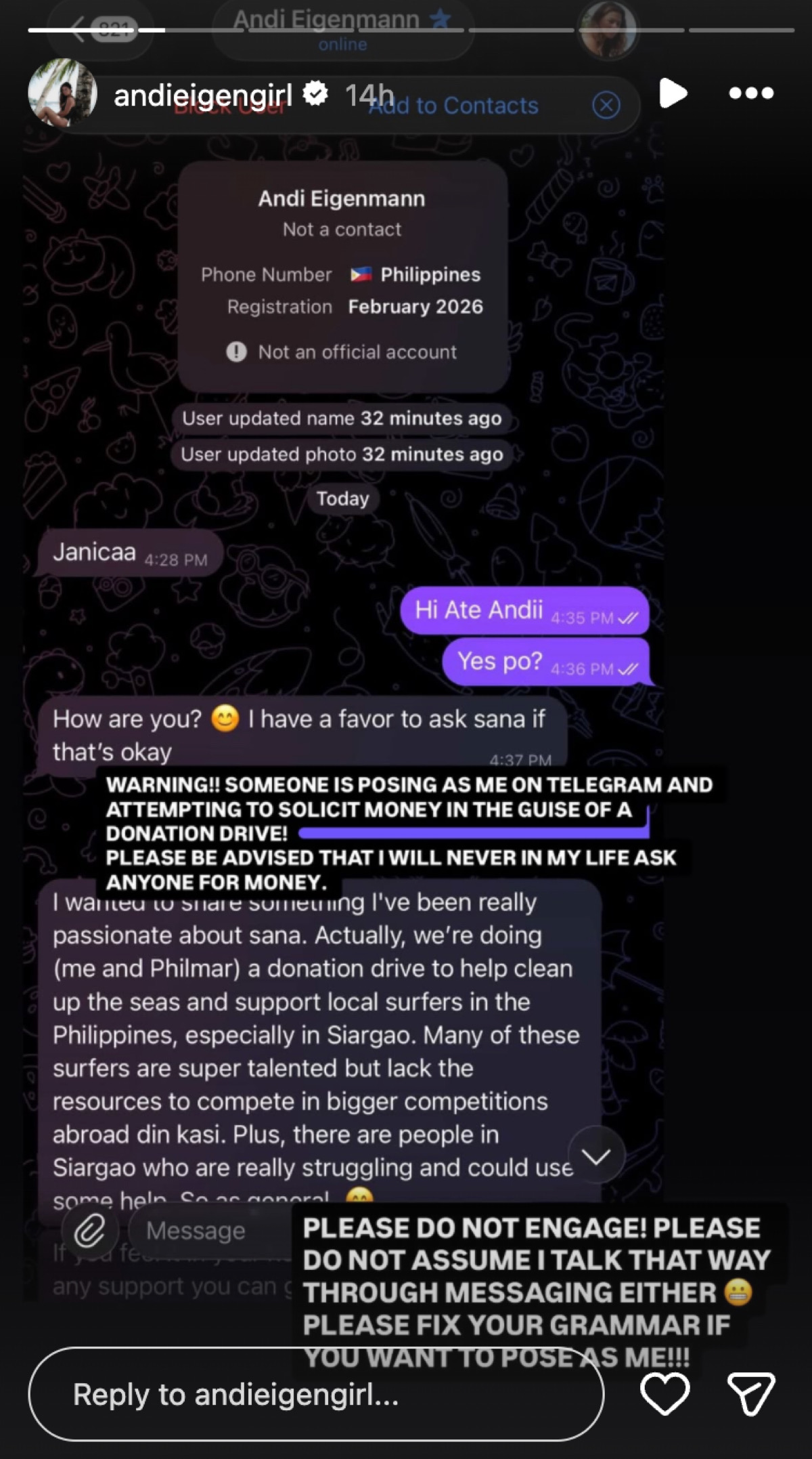 Andi Eigenmann warns vs scammer using her name for fake donation drive